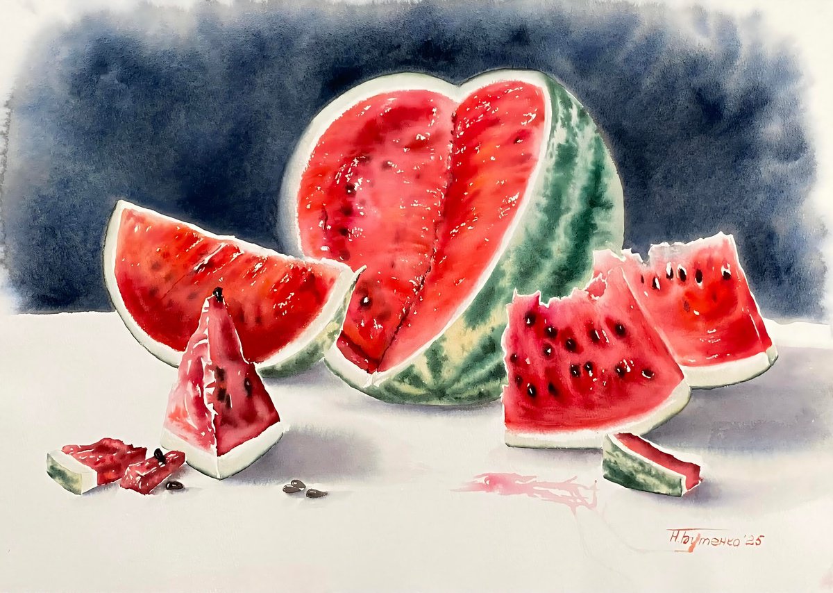 Illustrative Still Life Watercolour By Natalia Butenko, 21 X 15", Still Life With Watermelon, Original Artwork