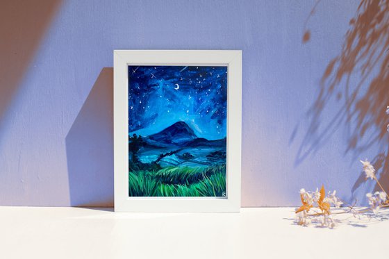 Starry Night Original Gouache Painting, Mountain Artwork, Moon Wall Art, Cottagecore Aesthetics