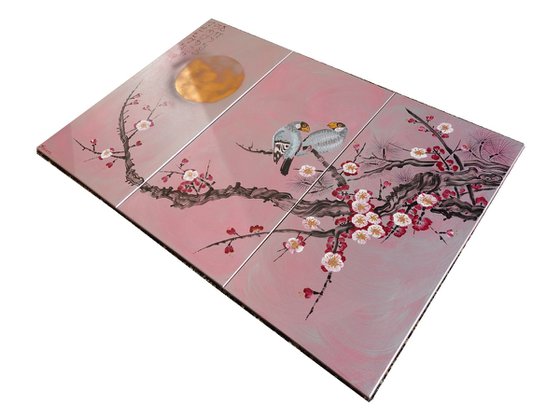 Japanese sakura J320 - large silver pink triptych, original art, japanese style paintings by artist Ksavera