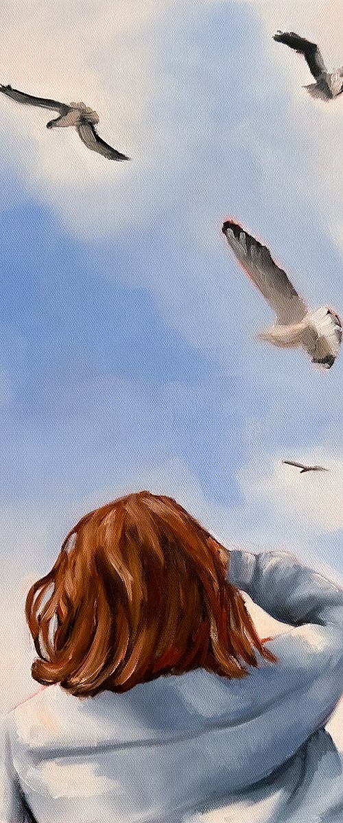 Girl and Flying Birds - Female Portrait Sky Painting by Daria Gerasimova