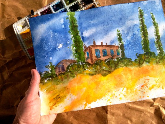 Tuscany Painting Landscape Original Art Farm House Watercolor Poplar Tree Artwork Yellow Field Small Wall Art 8 by 12" by Halyna Kirichenko