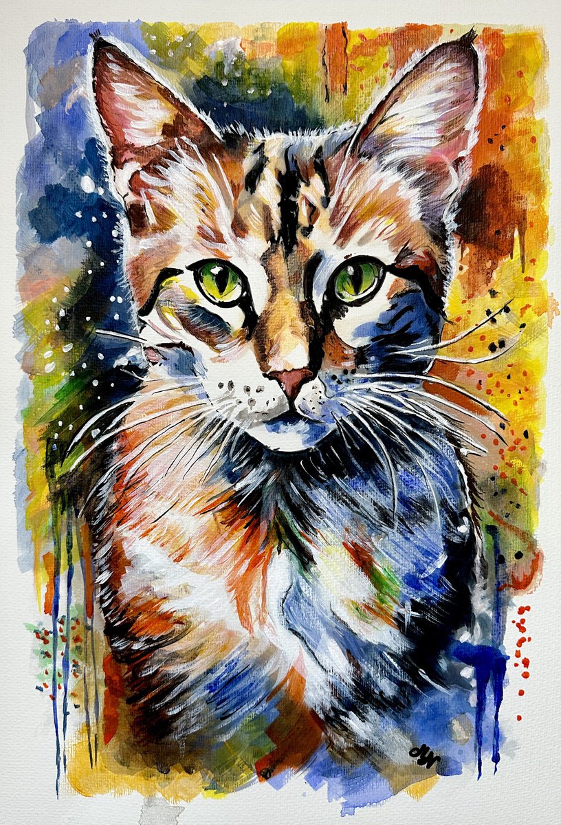 Abstract Animal Acrylic Painting By Misty Lady - M. Nierobisz, 13 X 19", Abstract Cat, Original Artwork