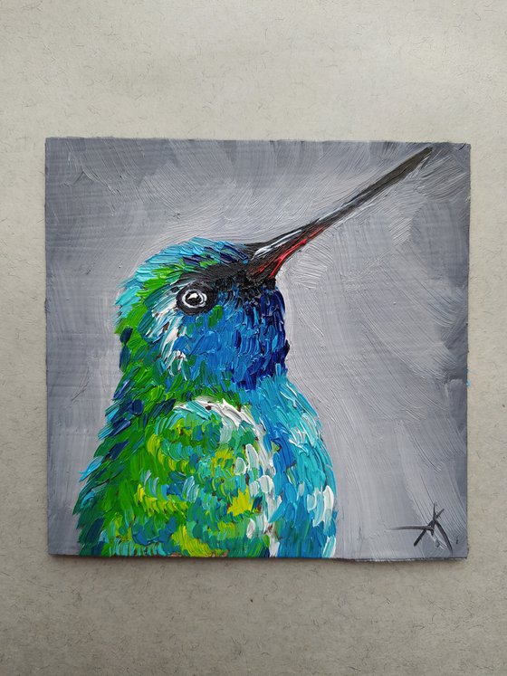 Bird - oil painting, animal, birds, gift idea, small size, postcard size, postcards, hummingbird