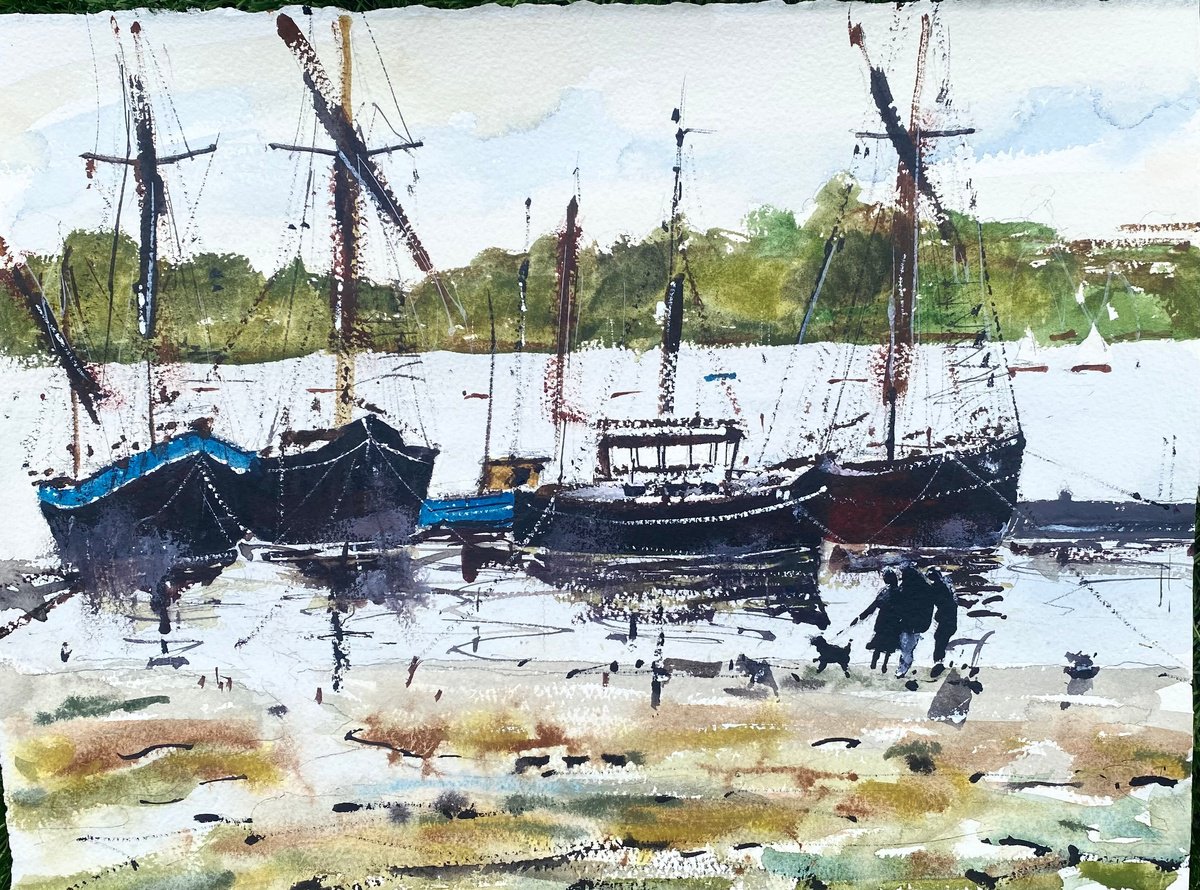Impressionistic Watercolour , Boat Graveyard On The Orwell By Paul Mitchell, 15 X 11, Artwork For Sale On Artfinder