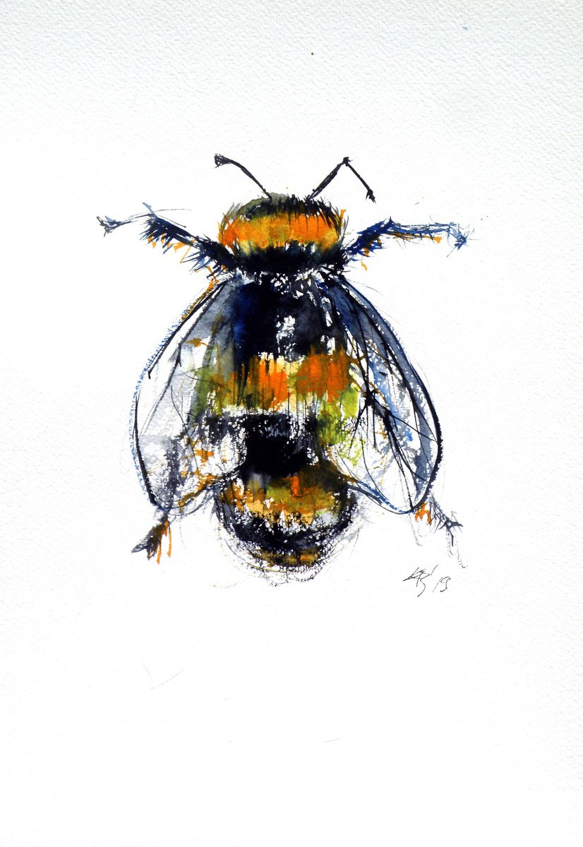 Impressionistic Animal Watercolour By Kovacs Anna Brigitta, 10 X 15", Bumble Bee, Original Artwork