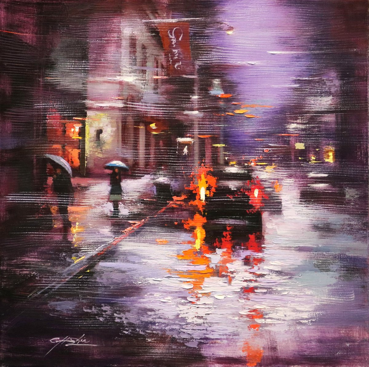 Expressive Cityscapes Oil Painting By Chin H Shin, 24 X 24, Winter Evening In Soho, Original Artwork