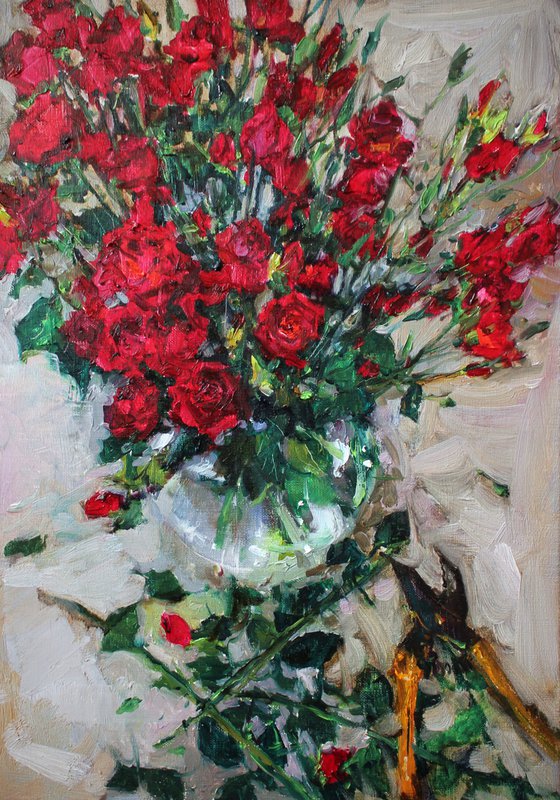 Scarlet bouquet of garden roses