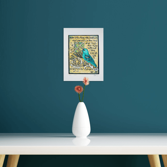 Hope - is the thing with feathers  (hand coloured linocut print)