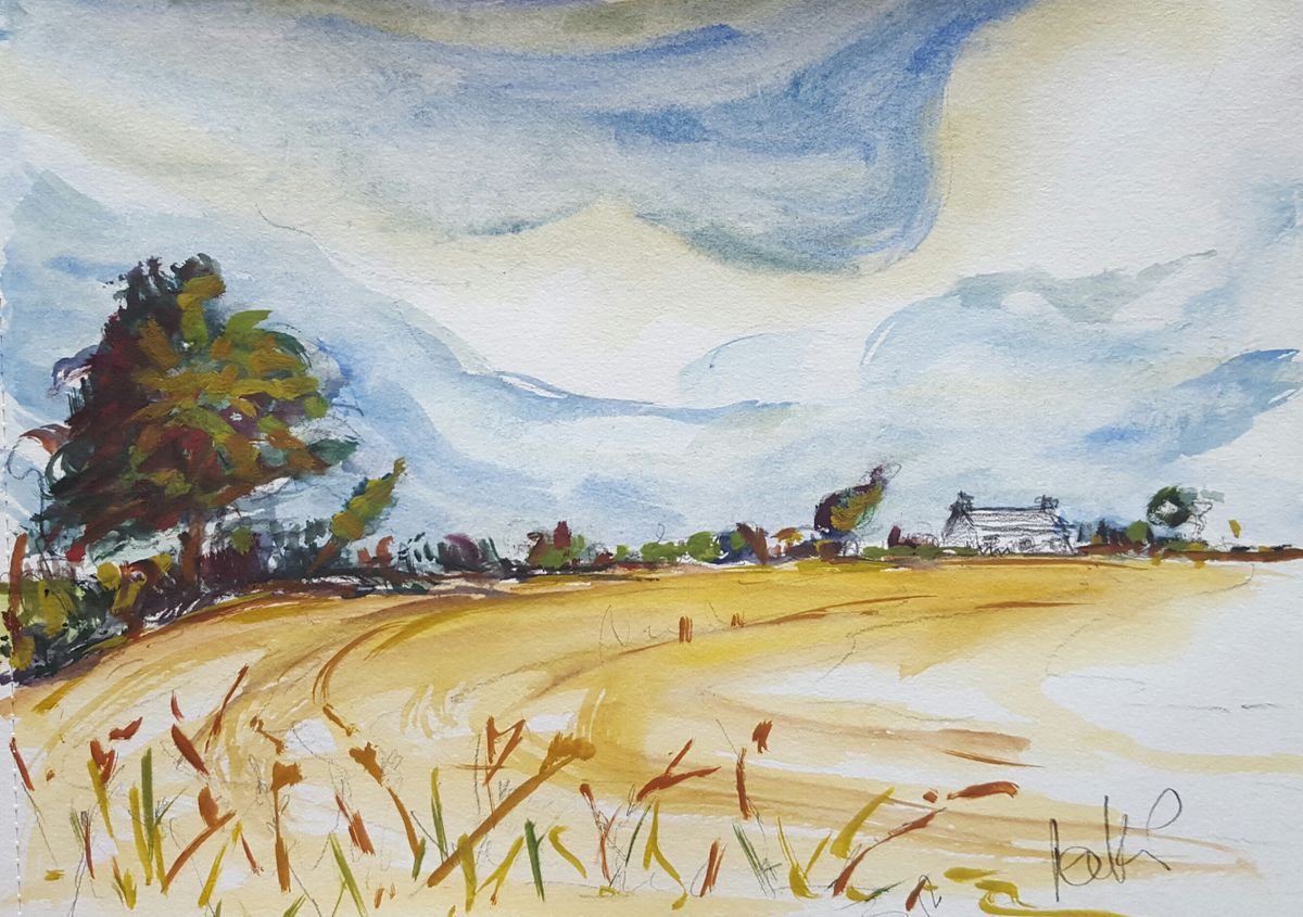 Distant farmhouse nestled in Harvest fields with blue skies Study by Niki Purcell - Irish Landscape Painting