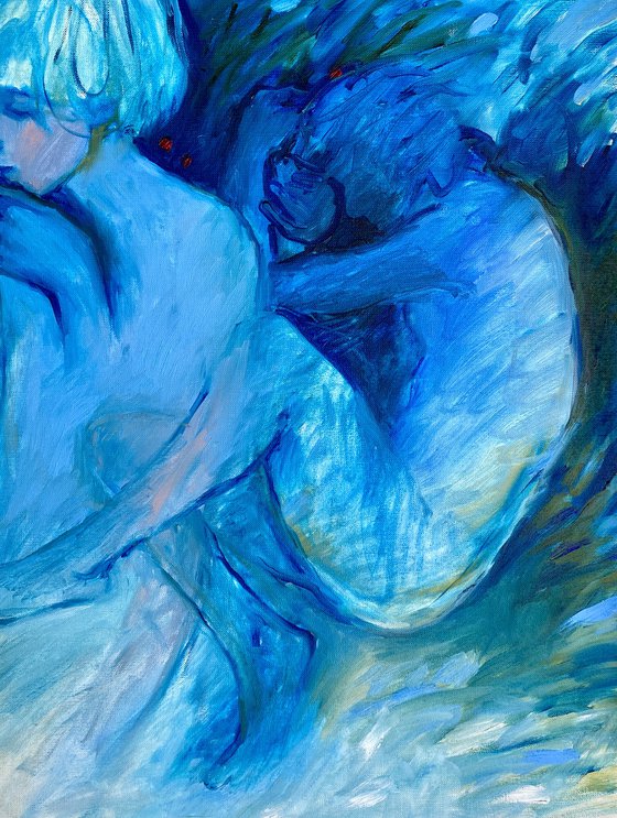 BlUES IN BLUE - figurative art, beautiful oil painting with a girl, human figures, wall art