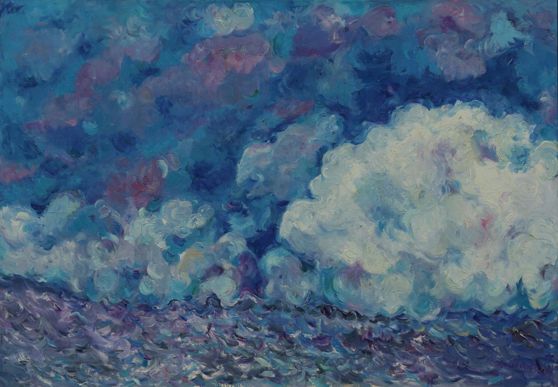 55 Acrylic landscape painting, abstract, canvas, sold impressionistic blue clouds farm, resin finish, Iowa landscape artwork gift original summer