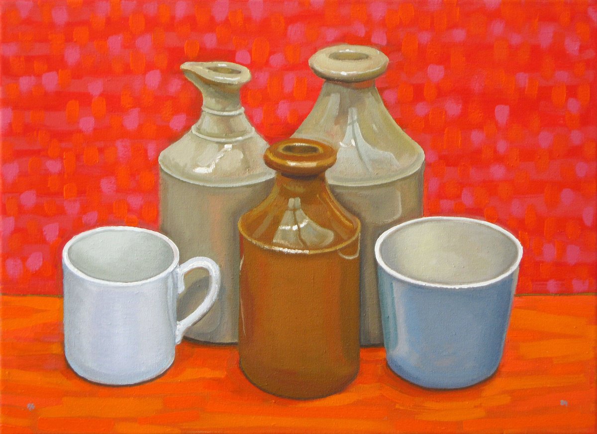 Still Life Oil Painting By Richard Gibson, 22 X 16", Still Life With Ceramic Jars, Original Artwork