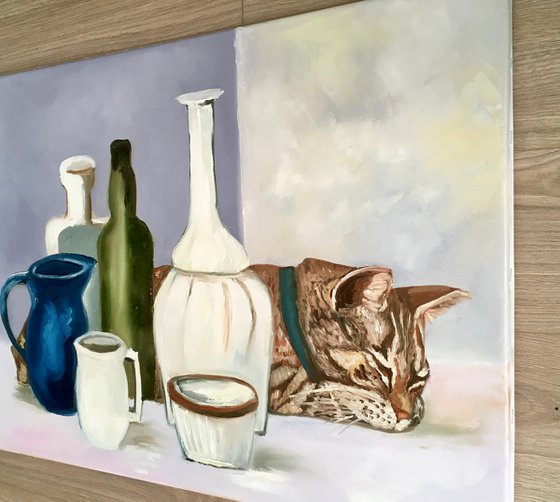 Sleeping beauty  Troy The Cat and Giorgio Morandi vases and bottles