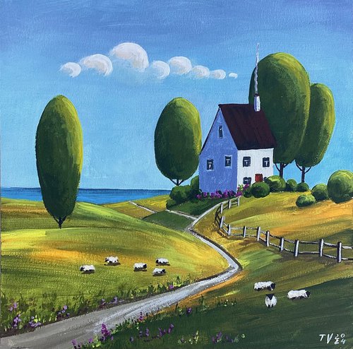 Country summer landscape. Acrylic painting. 8x8 by Tetiana Vysochynska