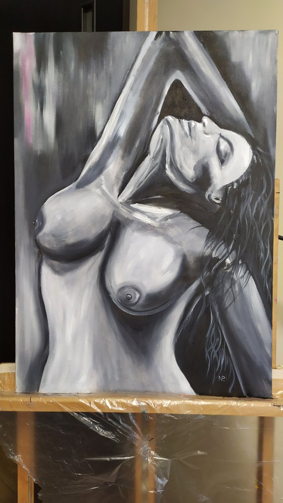 Desire, nude erotic black and white girl oil painting, art for home, Gift