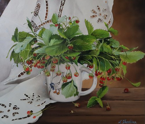 Bouquet of wild strawberry branches in a cup by Natalia Shaykina