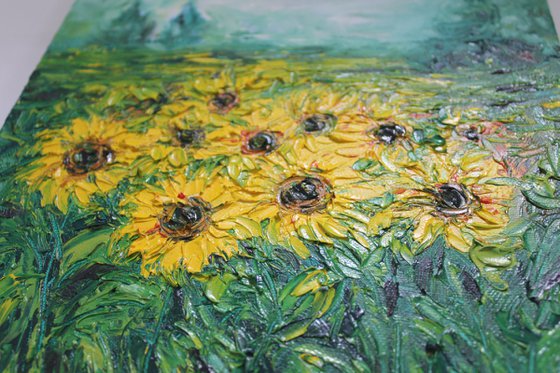 Morning Glory, Sunflower fields - Oil painting Palette Knife Textured Artwork - Impressionistic landscape - Van gogh inspired