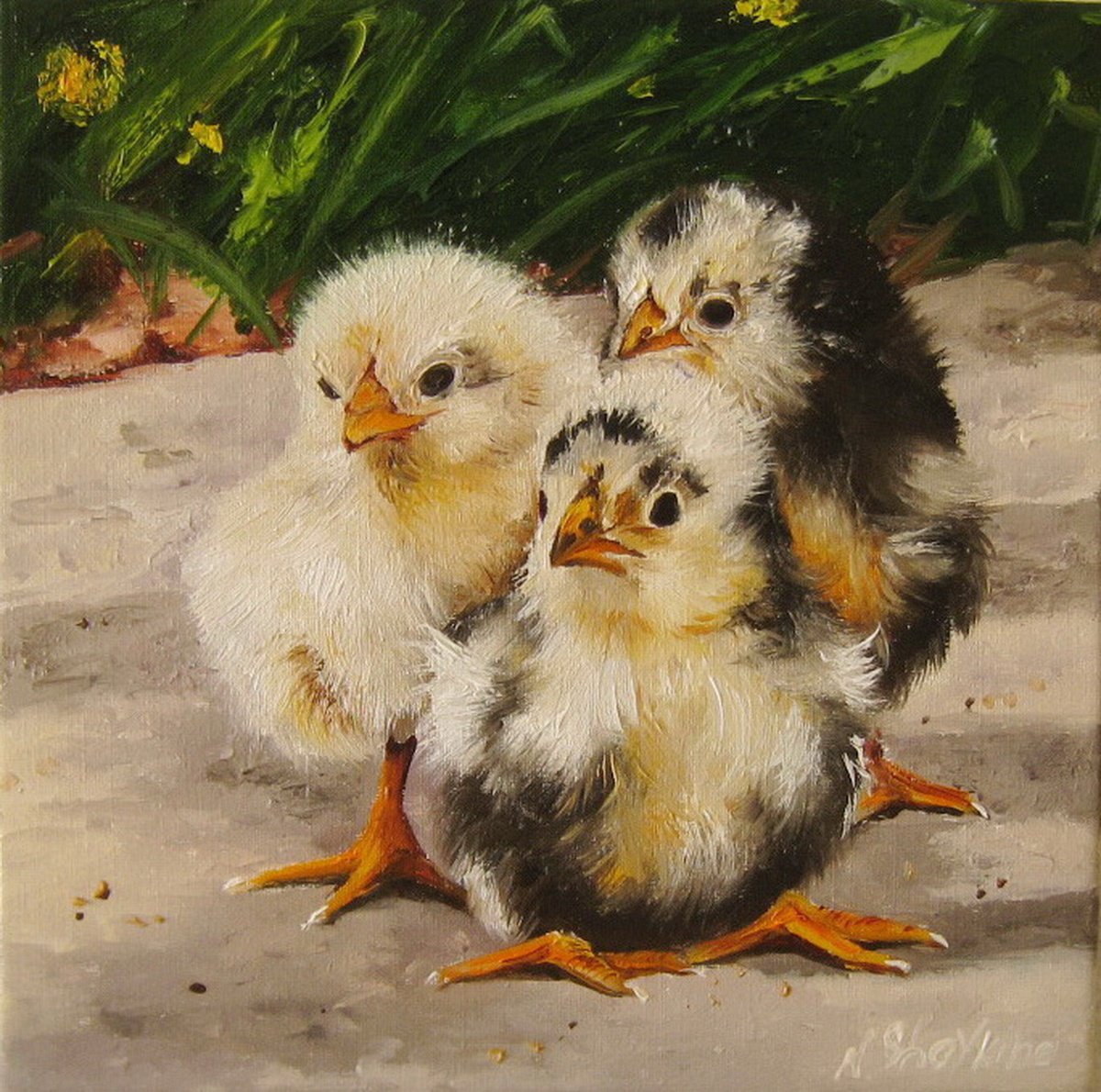 Impressionistic Animal Oil Painting By Natalia Shaykina, 8 X 8", Fluffy Chicks In Sunlight, Original Artwork