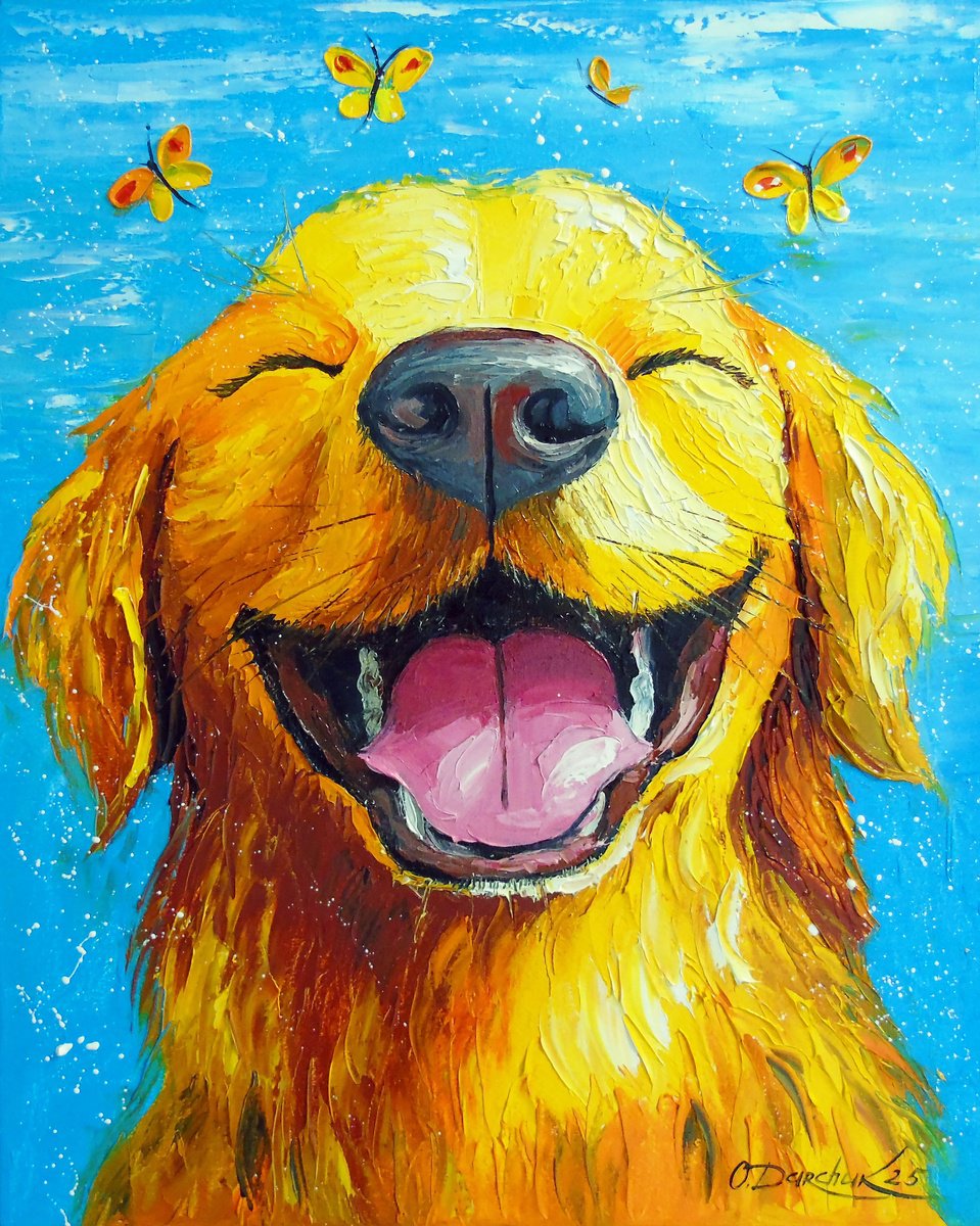 Impressionistic Animal Oil Painting By Olha Darchuk, 16 X 20", Dog Smile, Original Artwork