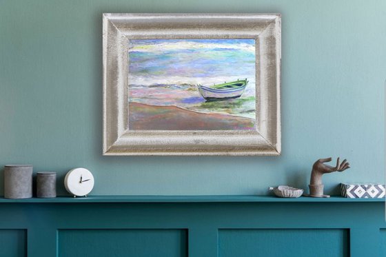 A day on a seacoast Small Marine Seascape Ocean Waterfall Boat Oil Artwork Seapainting Harbour