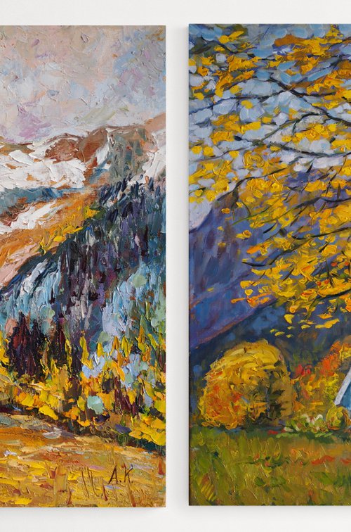 Golden Fall - SET OF 2 PAINTINGS - 1) At the foot of the mountain 2) Cottage in the Mountains by Alfia Koral