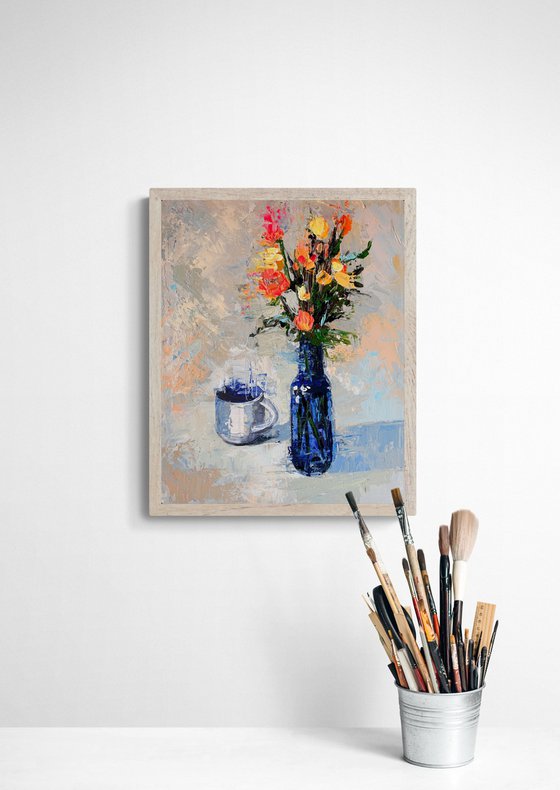 Blue Vessel and Morning Flowers