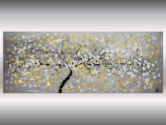 Golden Day II -  acrylic abstract painting cherry blossoms nature painting framed canvas wall art