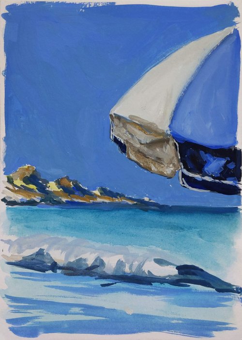 Umbrella on the beach of Corfu island - Corfu island - original watercolor painting - seascape painting - waves by Anna Brazhnikova
