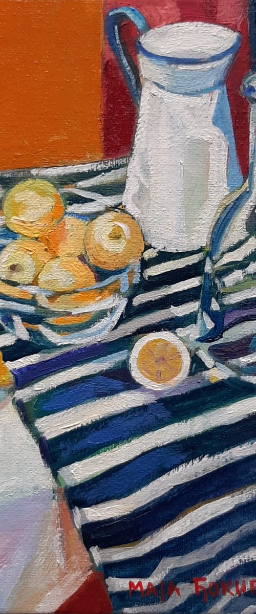 Still life with striped drapery by Maja Đokić Mihajlović