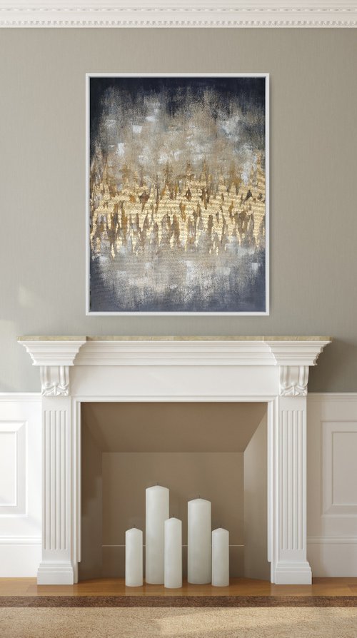 Dripping gold Large ( 80 x 60 cm/ 31 x 24") Mixed Media Gold Leaf Painting Abstract Modern Artwork for Studio Office Decor by Yulia Pristupa
