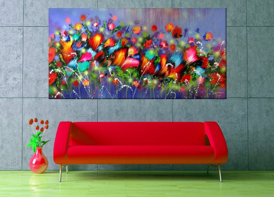 63" VERY LARGE Flowers Painting "Evening Song of Flowers"