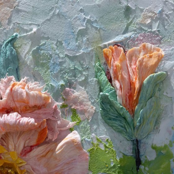 Peach Bloom Sculptural Floral Relief Art