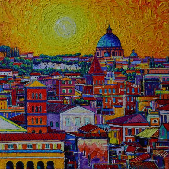 ROME SKYLINE FROM ORANGE GARDEN abstract cityscape sunset textural impressionist impasto palette knife oil painting by Ana Maria Edulescu