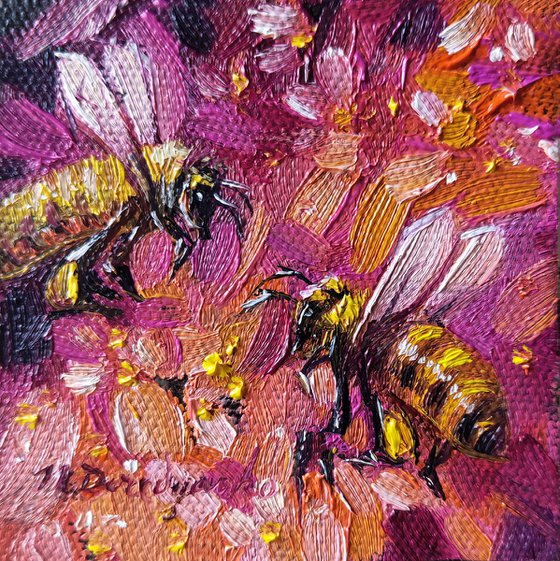 Bee artwork couple anniversary gifts miniature art painting original, Bee painting 3x3 small framed gift for girlfriend