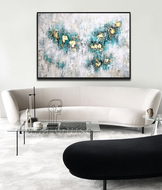 Mint Veil - Abstract Painting 60" x 40" Large Abstract Gold Leaf Soft Colors White Gray Painting