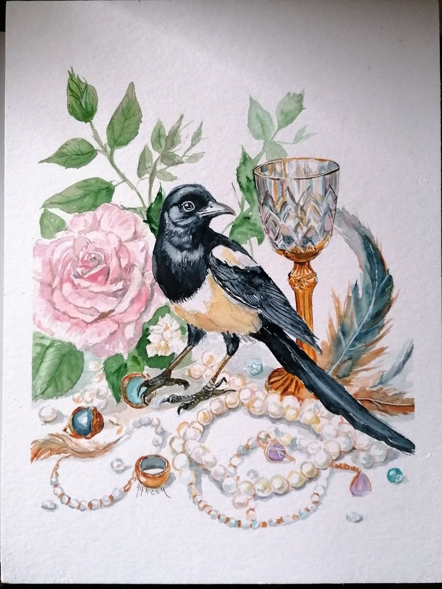 Animal Watercolour By Martine Vinsot, 10 X 14", The Magpie And Its Treasures, Original Artwork