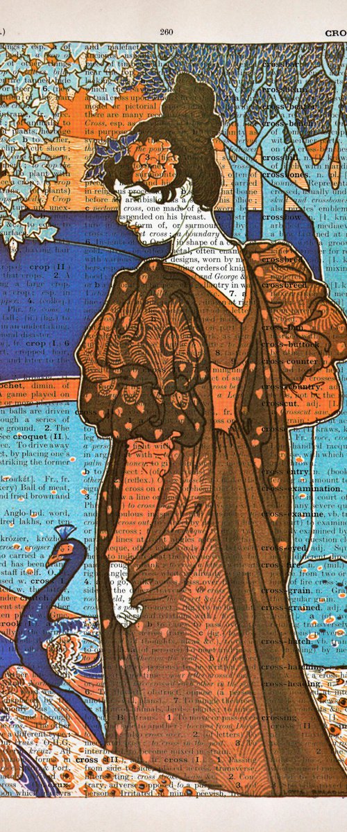 L'Estampe moderne: La Femme au paon - Collage Art Print on Large Real English Dictionary Vintage Book Page by Jakub DK - JAKUB D KRZEWNIAK