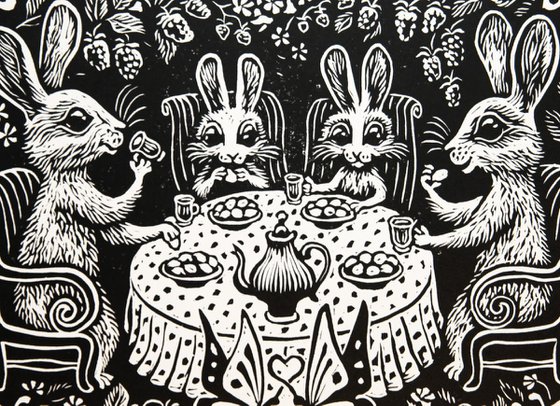Rabbit Family of 4 Having Dinner.