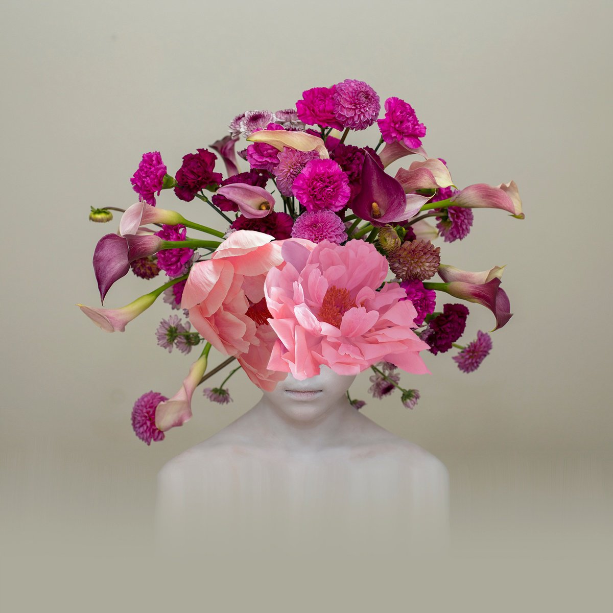 Expressive Botanical Photograph By Ziesook You, 20 X 20", Women Vase, Original Artwork