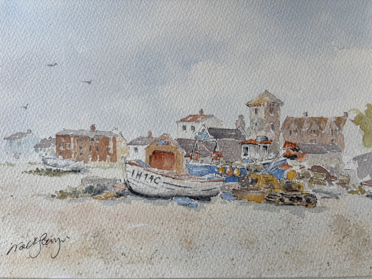 Impressionistic Landscape Watercolour By Noel Sawyer, 10 X 7", Old Crab Boats With Reuben-William, Original Artwork