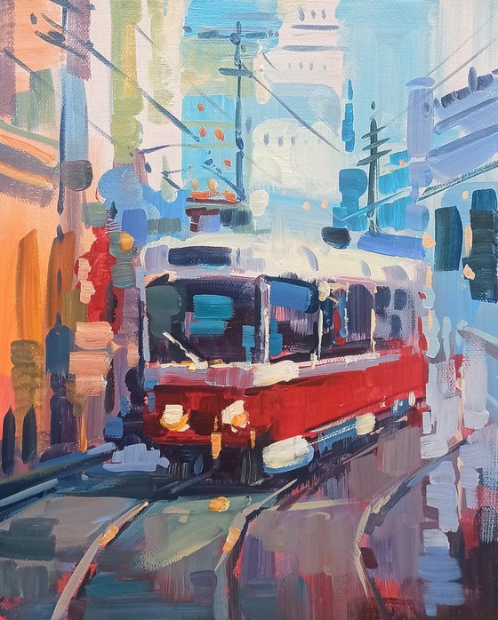 Red tram -1 (24x30cm, oil painting, ready to hang)