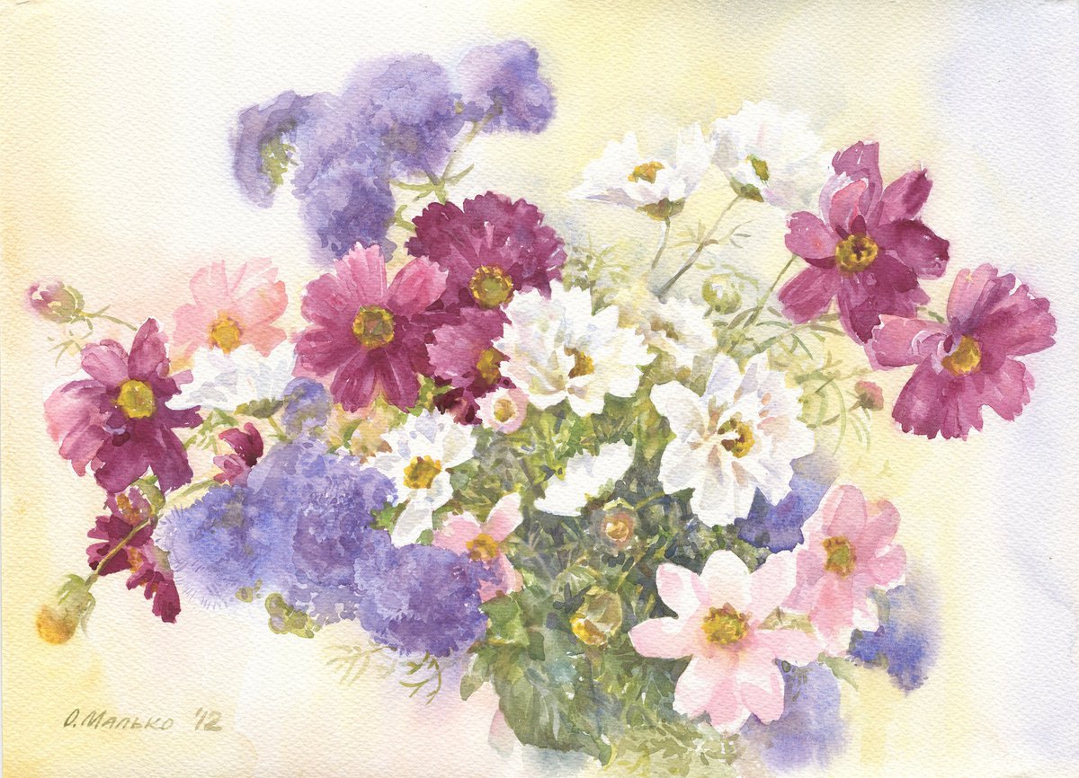 Impressionistic Watercolour , Cosmos And Ageratum. Summer Bouquet By Olha Malko, 15 X 11, Artwork For Sale On Artfinder