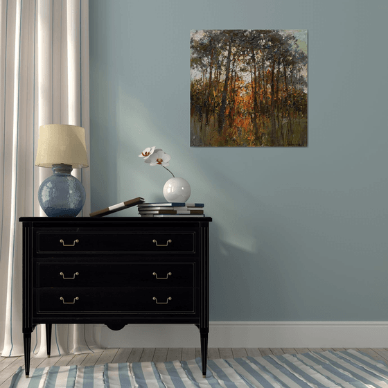 Autumn forest at sunset  Landscape painting