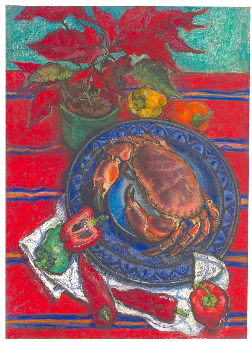 Still life with Crab and Red Poinsettia, large pastel painting by Patricia Clements