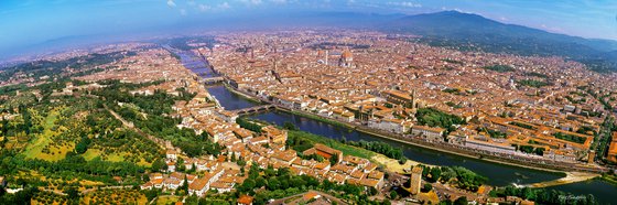 Florence in Panorama Italy with Ponte Vecchio, Palazzo Vecchio and Cattedrale di Santa Maria del Fiore.