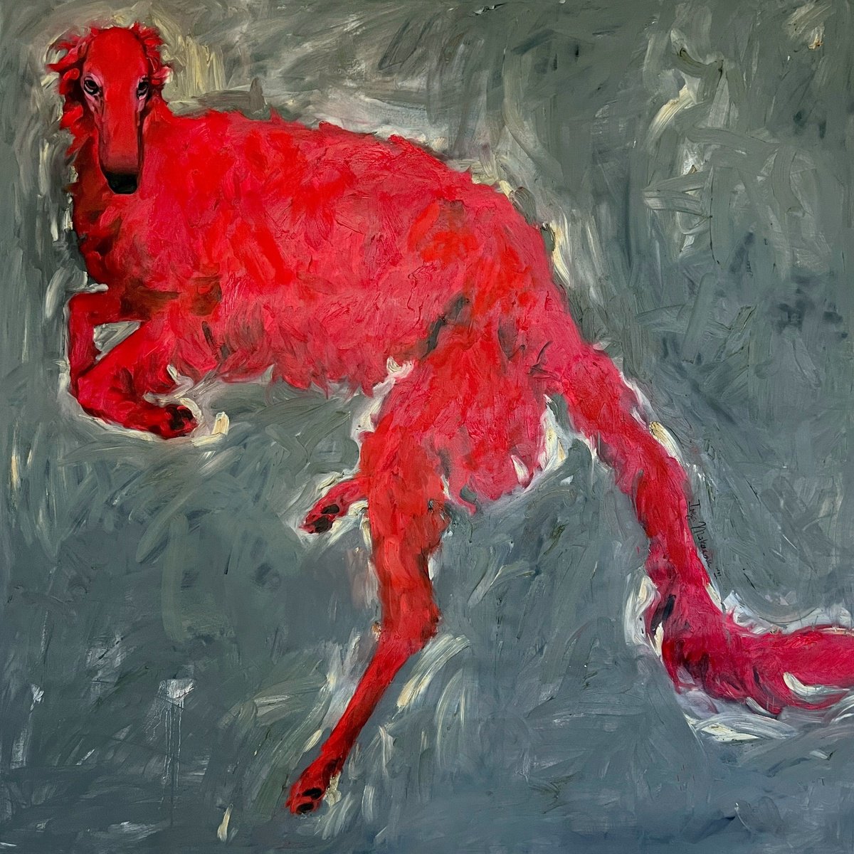 Expressive Animal Oil Painting By Inga Makarova, 59 X 59, Red Hound, Original Artwork