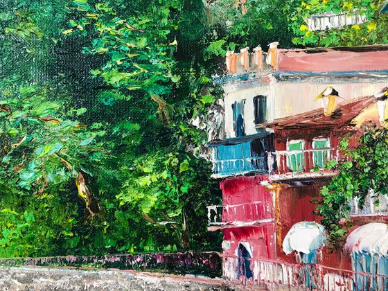 SUNNY BEACH - Italian coast. Italian Riviera. Cozy village. Sea shore. European resort. Mountains. Summer. Flowers.