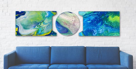 "Follow Me Into The Wormhole" - Original Triptych, Abstract PMS Acrylic Paintings Series on Irregularly Shaped Wooden Panels - 78" x 18"