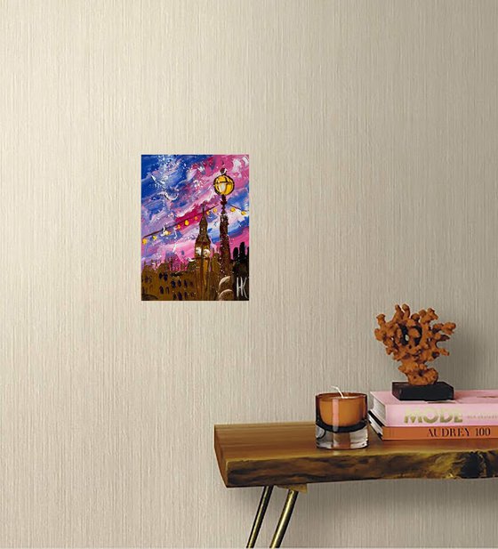 London Painting Cityscape Original Art Street Lights Impasto Oil Big Ben Artwork Small Home Wall Art 6 by 8" by Halyna Kirichenko