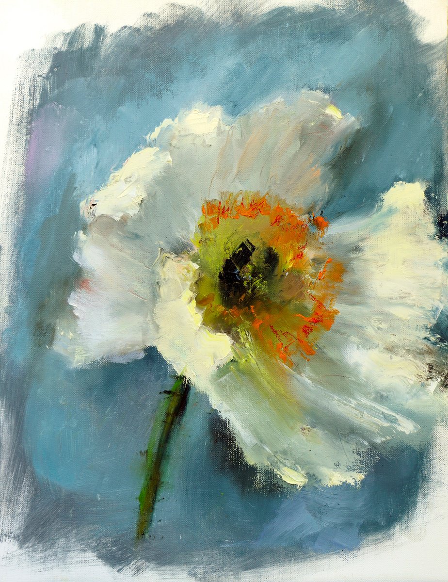 White Poppy flower painting on paper by Anna Lubchik
